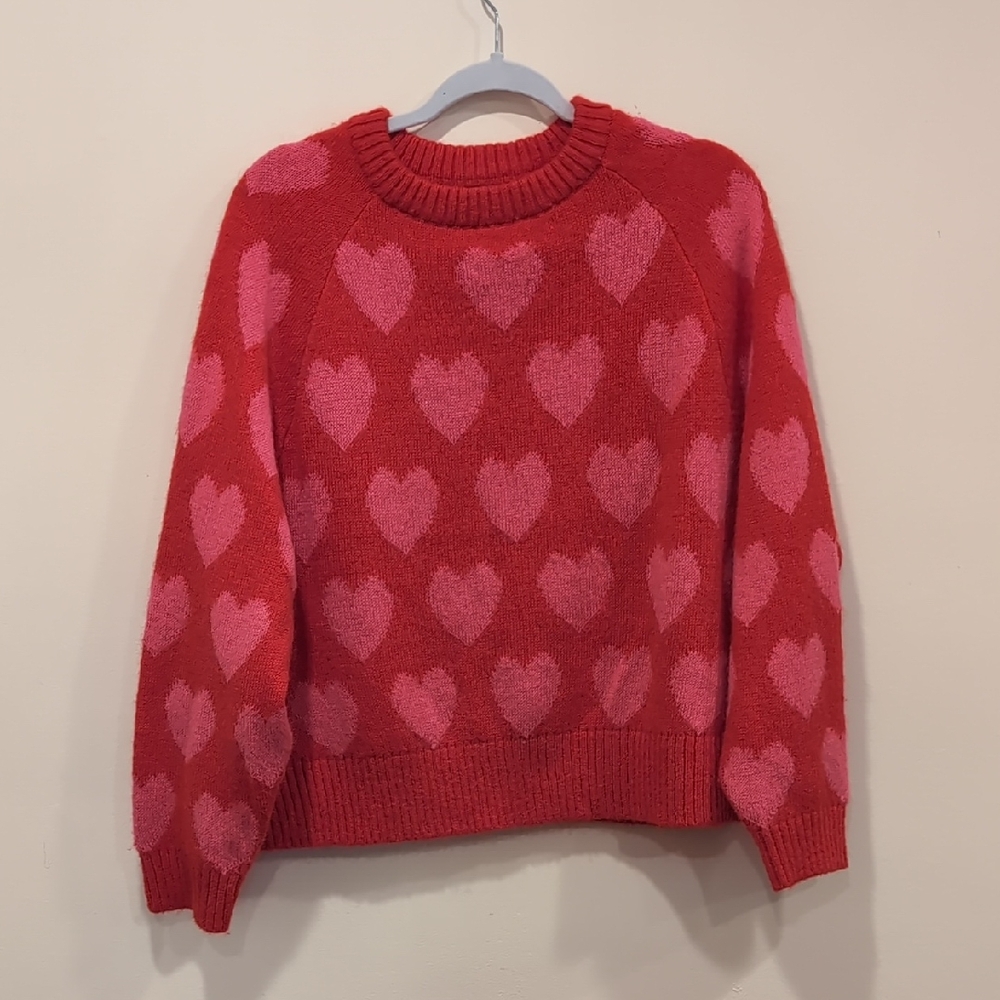 Old Navy Red and Pink Heart Pattern Crew Neck Sweater